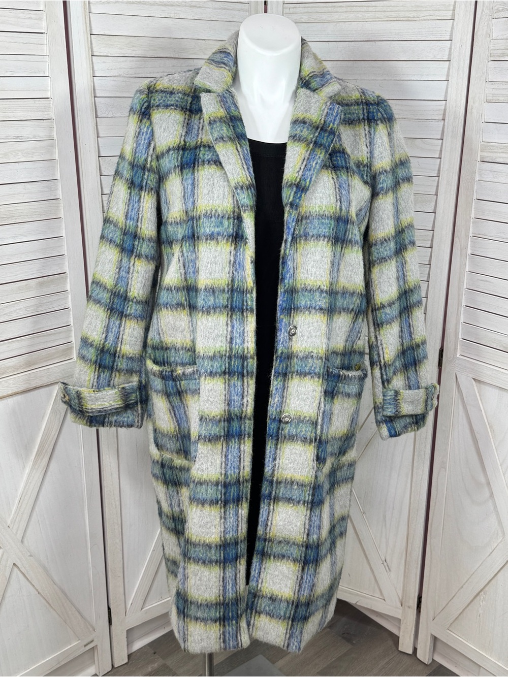 Cyrus Plaid Wool Blend Long Midi Overcoat Coat Grey Green Blue Large Winter